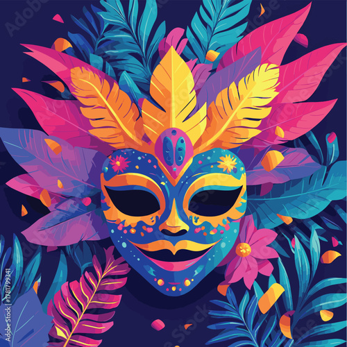 Beautiful greeting card with bright holiday composition for happy celebrate mardi gras   , vector style simple color