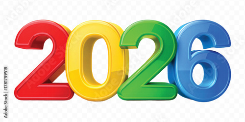 realistic 3d colorful three dimensional 2026 typography Isolated on a transparent background