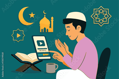 Muslim man praying while watching online sermon on laptop during ramadan
