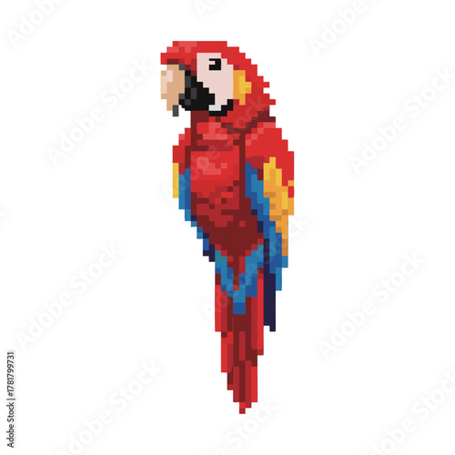 Vibrant Red and Blue Macaw Parrot Perched in 8-Bit Pixel Art Style, Detailed Tropical Bird Sprite for Jungle or Adventure Video Game Environment Asset.