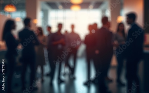 Blurred shot of business people at party or corporate event in office center. High quality