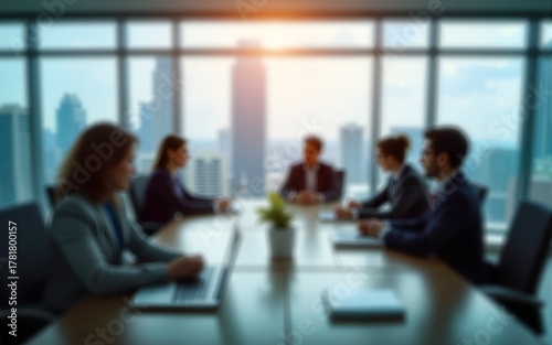 Out of focus businesspeople gathered in a modern conference room, glass walls, urban office backdrop, motion blur Business concept, motion bokeh background. High quality
