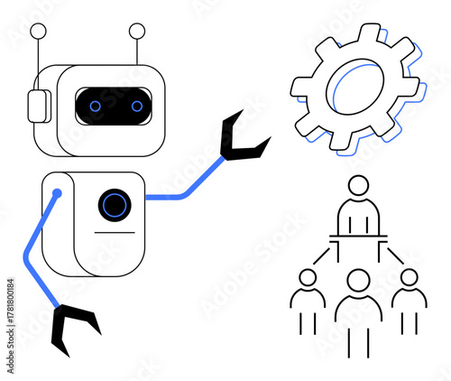 Robot with blue arm gestures toward gear and hierarchical team diagram, symbolizing automation, teamwork, and innovation. Ideal for AI, robotics, workflow, collaboration, future efficiency simple