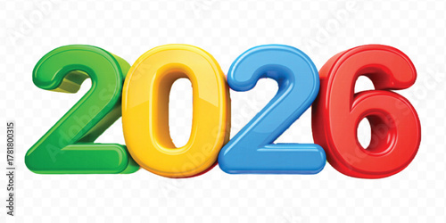 realistic 3d colorful three dimensional 2026 typography Isolated on a transparent background