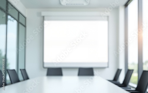 bright modern office interior, white background, blurred backdrop, glass partitions meeting room. High quality