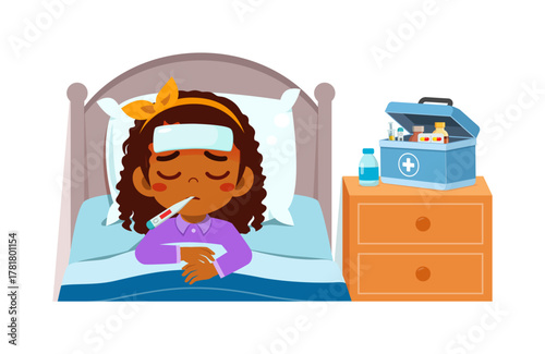 Sick african girl lying in bed with thermometer in mouth and cold compress on forehead