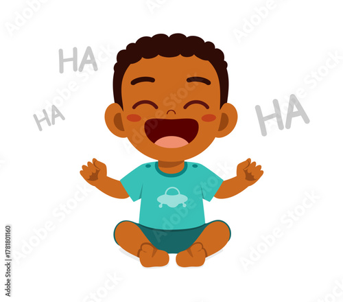 Happy African American baby laughing with mouth open sitting on the floor with word ha