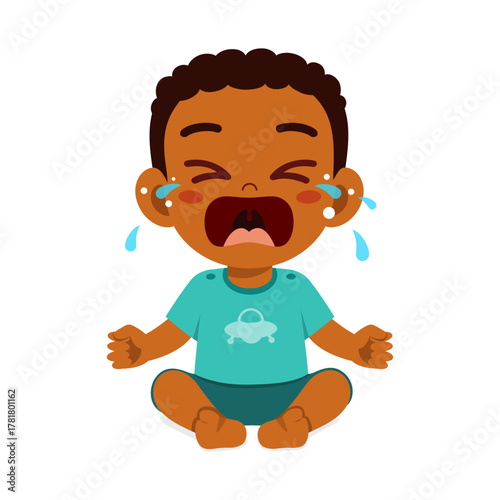 Sad African American Baby Boy Crying with Tears Sitting on the Floor Cartoon Illustration