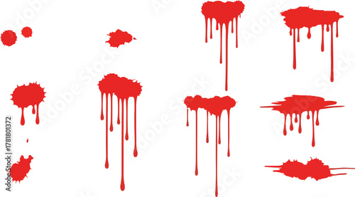 A collection of illustrated drippy red bloodstains on a white background