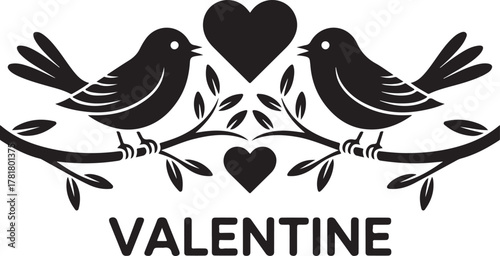 Black silhouette of two birds on branches with hearts and leaves and the word V A L E N T I N E