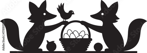 Black silhouette of two foxes and a bird with a basket of eggs chick