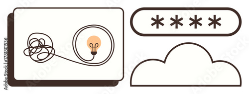 Tangled wire leading to a glowing light bulb, a password entry field, and a cloud. Ideal for creativity, problem-solving, innovation, security, cloud storage, technology and abstract concepts