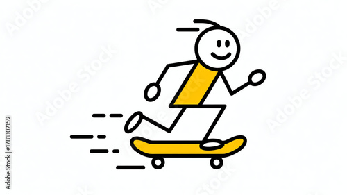Simple stick figure character happily riding a skateboard, isolated on white background