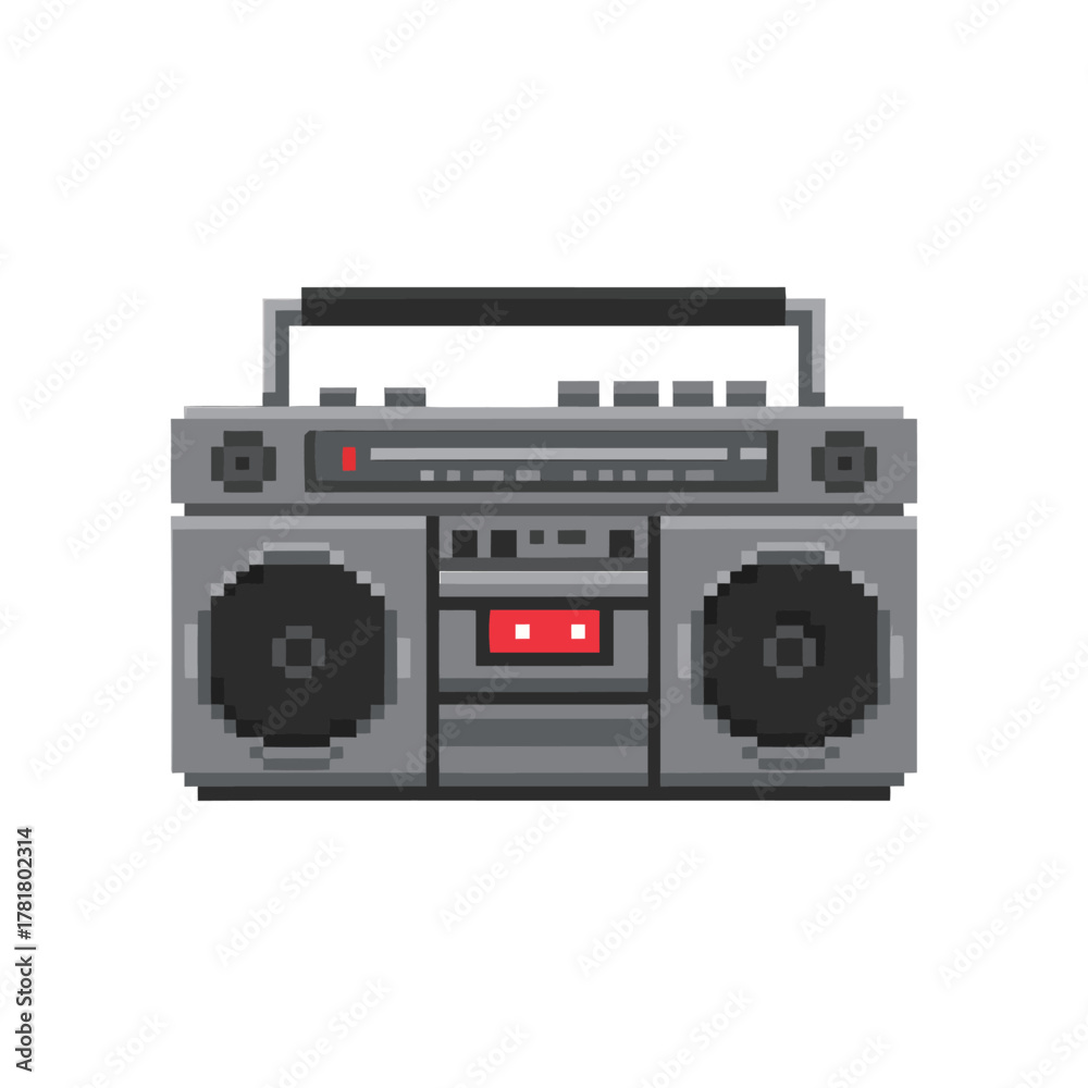 Fototapeta premium Classic Retro Grey Boombox Pixel Art Icon with Speakers, Cassette Player, and Radio, Representing 80s/90s Culture, Music, and Nostalgia in a Digital Graphic