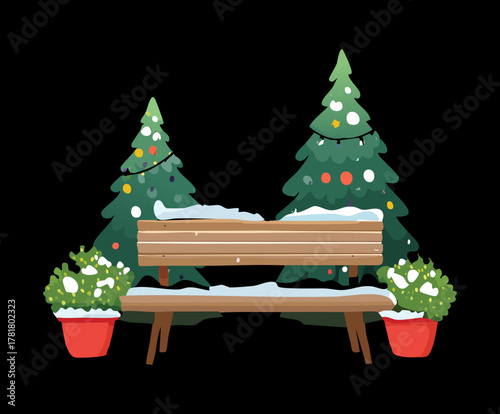 Inviting winter setting illustration with a wooden bench, potted evergreen Plants, and two decorated Christmas trees for holiday greeting designs
