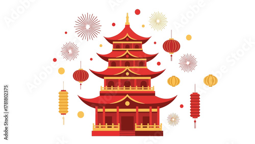A vibrant illustration of a traditional Chinese pagoda with festive decorations and fireworks.