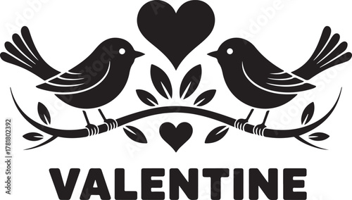 Two black silhouette birds perched on a branch with leaves and hearts above and below