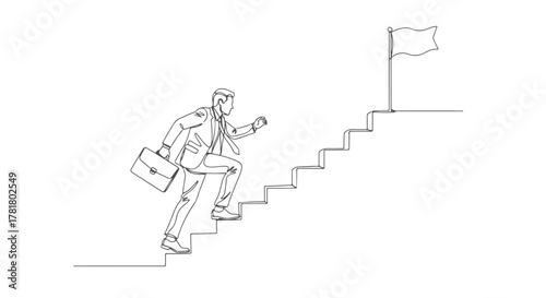A single continuous one line drawing of a businessman climbing the stairs to success, a minimalist concept of career growth and ambition