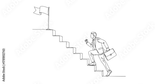 A single continuous one line drawing of a businessman with a briefcase running up stairs towards a flag, illustrating career growth and ambition