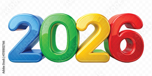realistic 3d colorful three dimensional 2026 typography Isolated on a transparent background