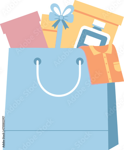 Shopping bag overflowing with gifts and presents a symbol of giving.