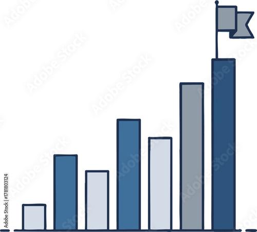 Visual representation of growth and success with a flag on top of the highest bar.