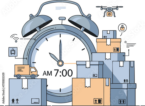Delivery time concept with clock packages drone and truck.