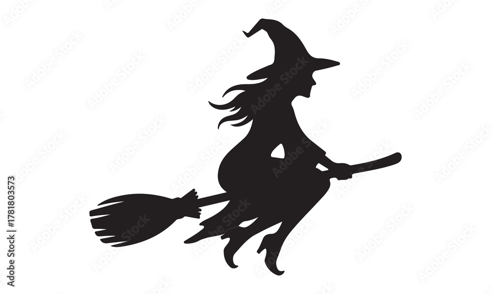 Obraz premium Classic halloween witch flying on broomstick silhouette