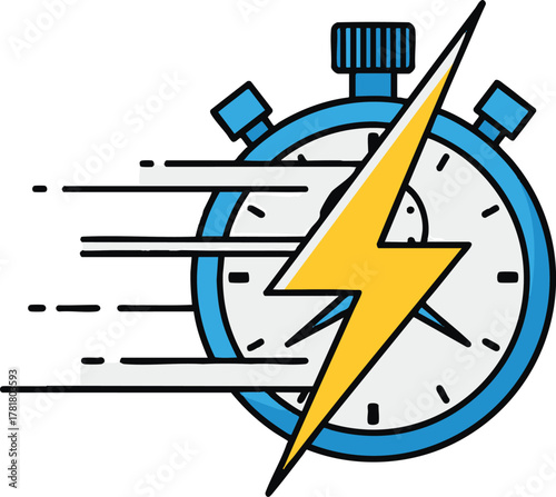 Fast time concept with stopwatch and lightning bolt illustration.