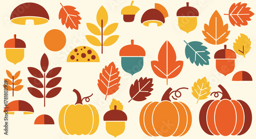 Autumnal elements illustration featuring pumpkins acorns and colorful leaves perfect for fall.