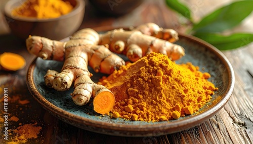 Vibrant Turmeric Root and Powder on a Rustic Plate with Green Leaves in Warm Sunlight on Wooden Background