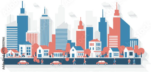 Cityscape illustration featuring buildings cars and people a vibrant urban scene.