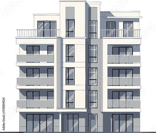 Modern architectural facade of a residential building with balconies and large windows contemporary design.