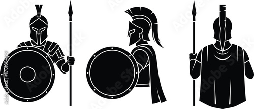 Ancient warrior silhouette set, Greek and Roman style, spear and shield poses, black vector illustration, historical armor, minimal layout, battle concept