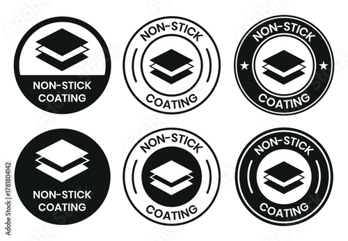 Non Stick Coating icon set. Non Stick Coating of vector labels for kitchen pan or cooking pot. Non Stick Coating logo, label, badge, sticker, symbol, emblem, black, circle, line vector isolated.