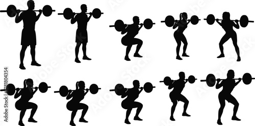Barbell squat silhouette set, black vector illustration, male and female poses, proper lifting form, fitness training icons, gym workout style, minimal concept
