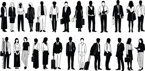 Business professional silhouette set, black vector illustration, corporate attire icons, briefcase and luggage poses, workplace diversity, minimal style, travel concept