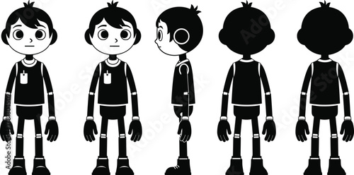 Character turnaround sheet, stylized humanoid figure, front and side views, animation reference, robotic joints, cartoon design, vector illustration, minimal style