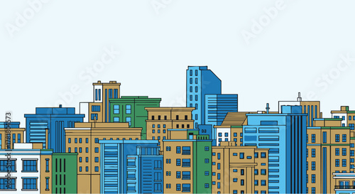 Cityscape of various buildings with different architectural styles and colors under a clear sky.