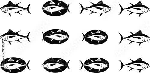 Fish icon pattern grid, black vector illustration, alternating background design, stylized aquatic silhouettes, minimal style, marine concept, scalable layout elements