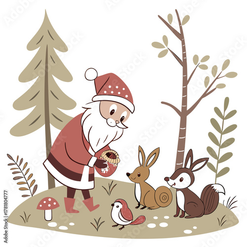 Santa Claus feeding animals in winter forest Christmas holiday illustration with woodland theme