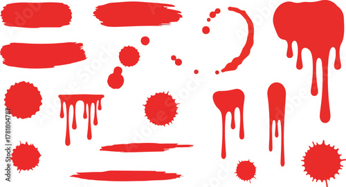 A collection of red vector shapes resembling paint or blood splatters and streaks on a white background