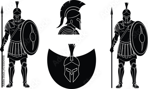 Greek Roman warrior icon set, black vector illustration, helmet and spear designs, shield poses, historical armor, silhouette style, classical battle concept