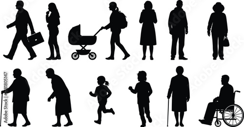 Human life stage silhouettes, black vector illustration, mobility diversity, aging progression, demographic icons, accessibility design, standing, walking, running, wheelchair