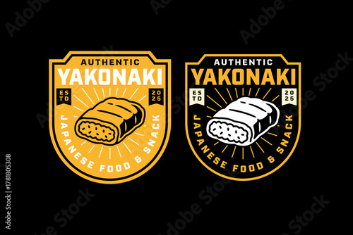 Yakonaki japanese snack retro badge logo design set for restaurant. Egg filled roll vintage emblem element pack for culinary. Asian street food grilled rustic patch graphic design for cafes