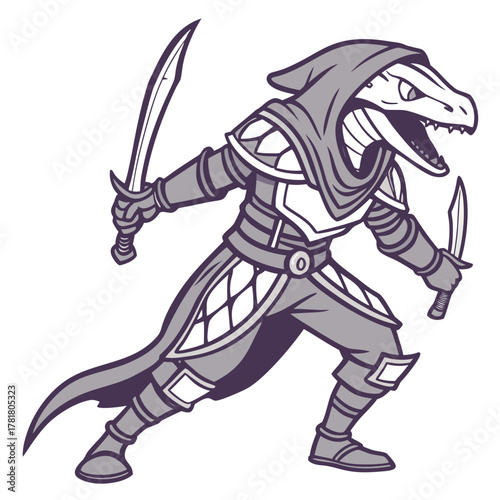 A stylized black and white illustration of a reptilian warrior in a hooded cloak and armor, wielding two curved swords.