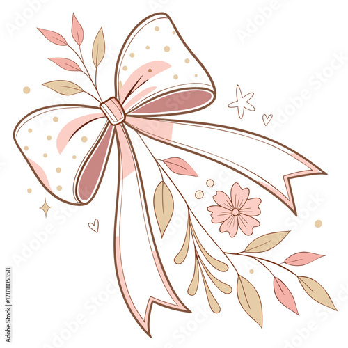 Elegant decorative bow with flowers and leaves festive ribbon illustration