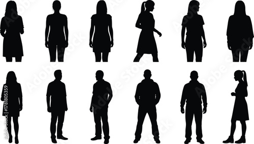 Human silhouette vector set, black outline illustration, standing poses, diverse clothing styles, male and female figures, posture variation, minimal design