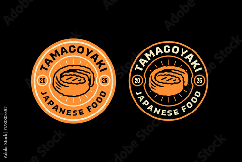 Tamagoyakoi japanese food retro badge logo design set for restaurant. Rolled omelette vintage emblem element pack for culinary. Asian egg roll rustic patch graphic design for cafes