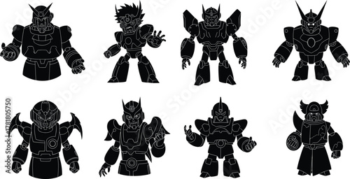 Mecha robot character set, black vector illustration, anime-inspired designs, armored silhouettes, horns and wings, weapon details, minimal style, sci-fi concept